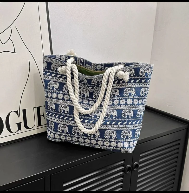Premium Canvas Tote Bag with Traditional Elephant and Floral Print