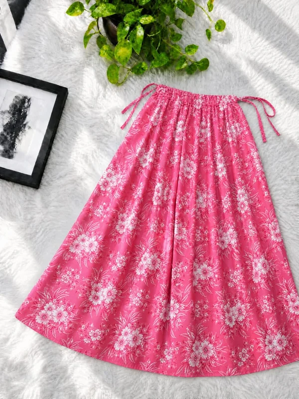 Premium Linen Floral Print Long Skirt for Women - Candy Pink