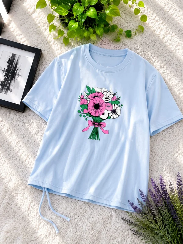 Trendy Ladies Floral Print Drop Shoulder T-Shirt with Bottom Drawstring - Sky Blue