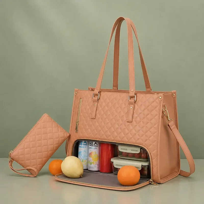 Women's Premium Insulated Lunch Tote Bag & Pouch Set - Pink (D1098)